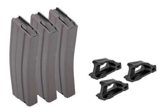 Three grey AR-15 magazines with Ranger Plates.